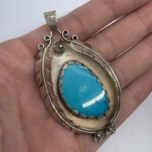 Sterling Silver 925 Turquoise Shadow Box Feather Native Southwestern Pendant 3"